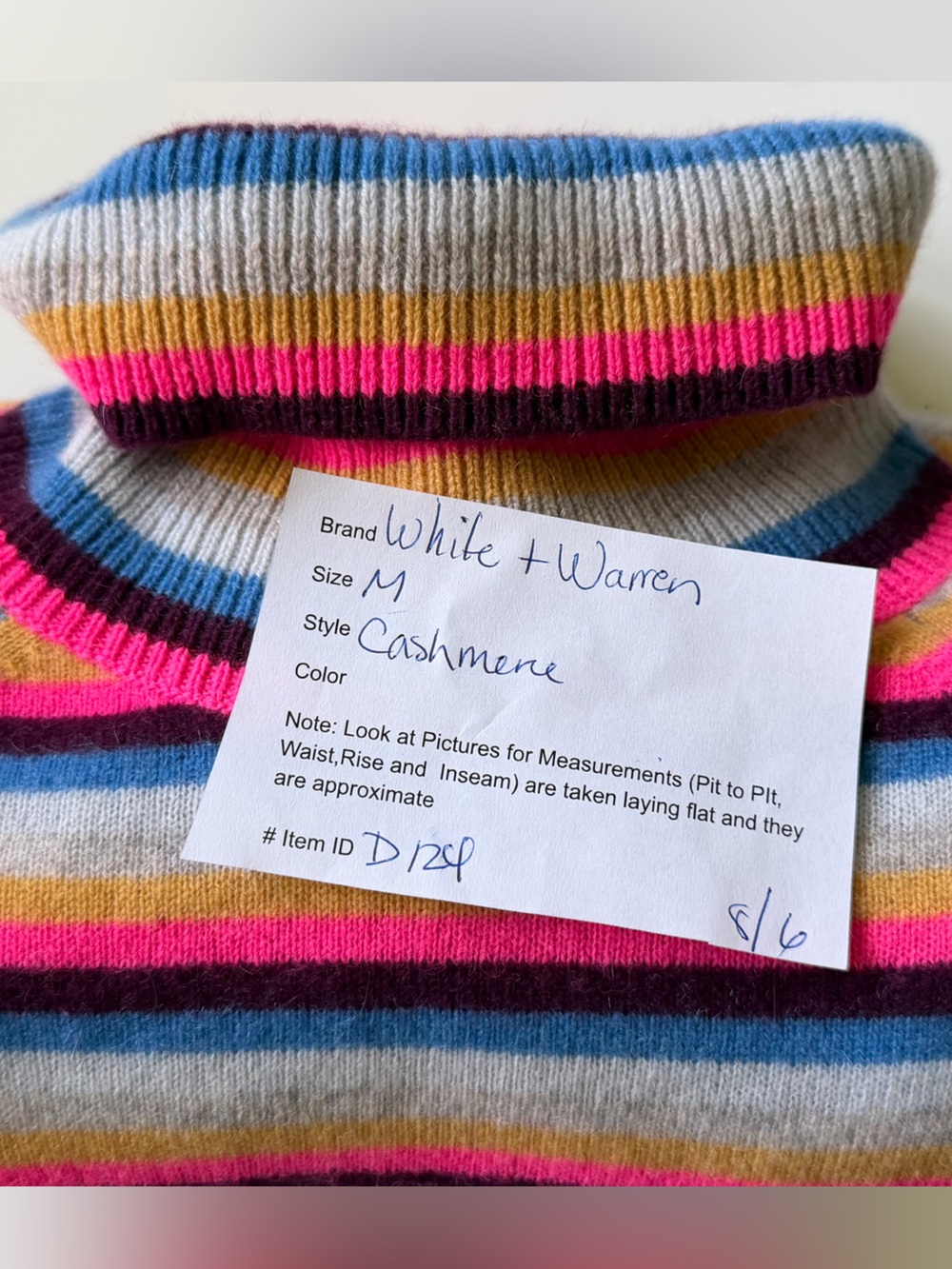 White + Warren CASHMERE COLORFUL STRIPED TURTLENECK M - Picture 8 of 8